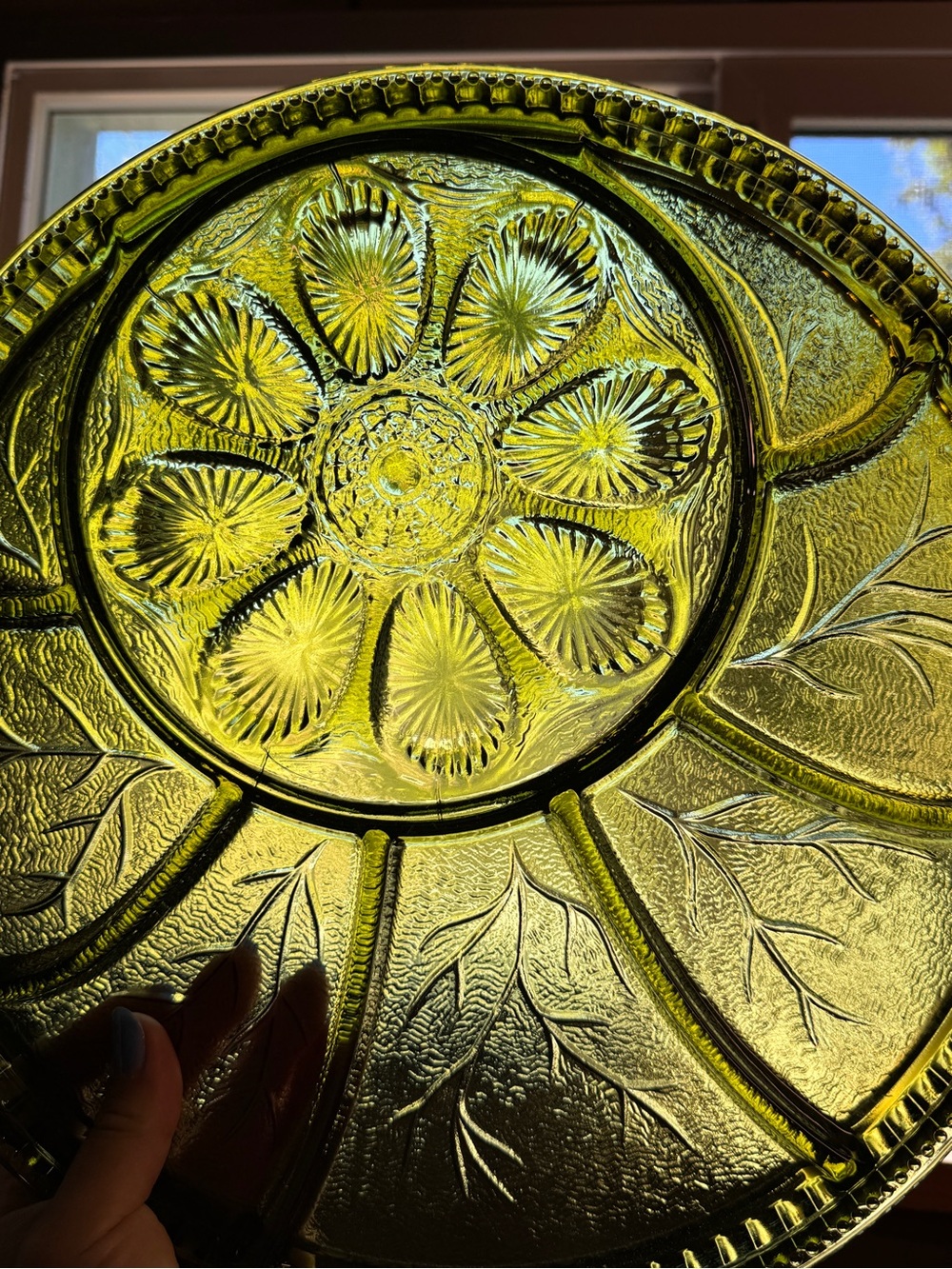 VTG Indiana Glass Olive Green egg Platter Glass Floral Plate